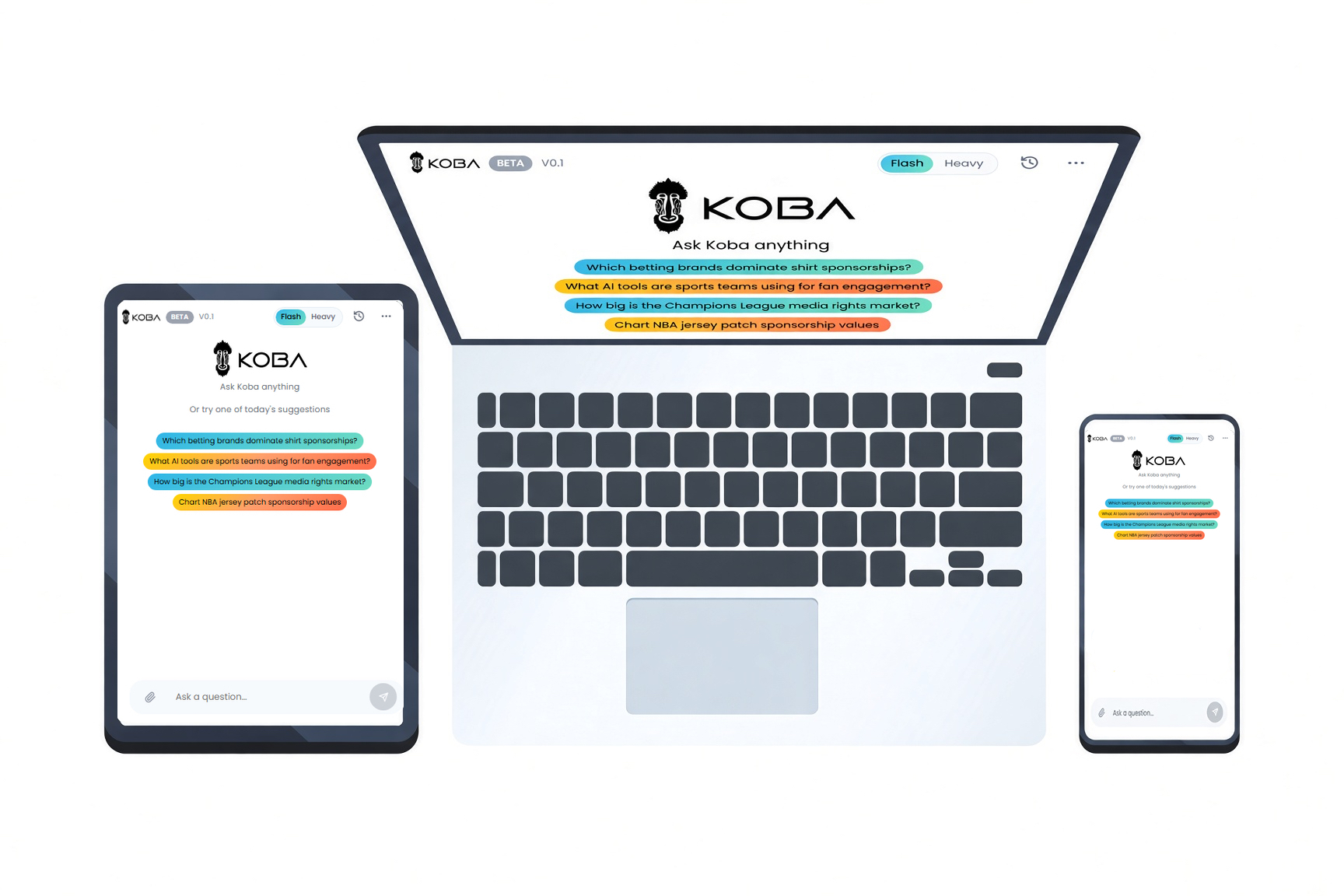 Koba on laptop, tablet and phone